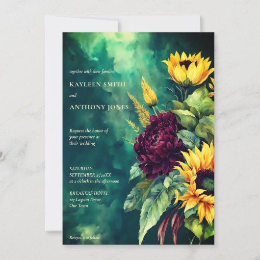 Hochzeit im Herbst Grün rustikale Sonnenblumen in  Einladung (Vorderseite)