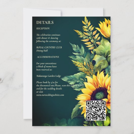 Hochzeit im Herbst Grün rustikale Sonnenblumen in  Einladung (Rückseite)