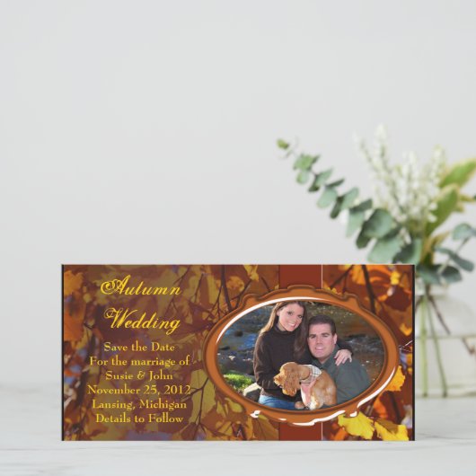 Hochzeit im Herbst Herbst Foto-Karte oder Dankesch Save The Date (Stehend Vorderseite)