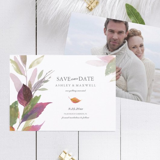 Hochzeit im Herbst Lila Blätter Foto Save the Date