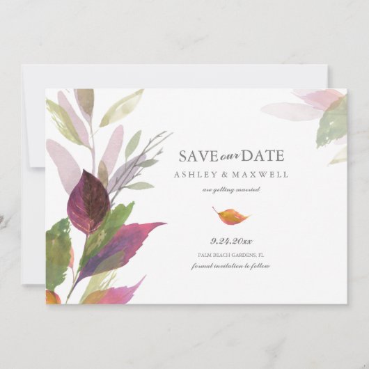 Hochzeit im Herbst Lila Blätter Foto Save the Date (Vorderseite)