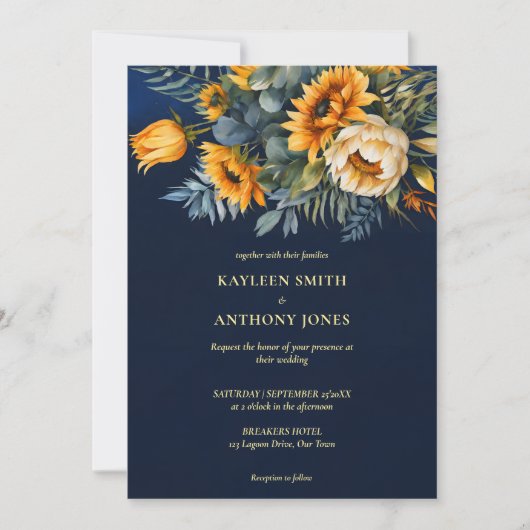 Hochzeit im Herbst Marineblau rustikale Sonnenblum Einladung (Vorderseite)