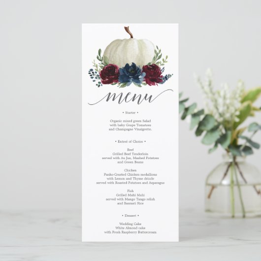 Hochzeit im Herbst-Menü der Burgundy Navy Menükarte (Stehend Vorderseite)