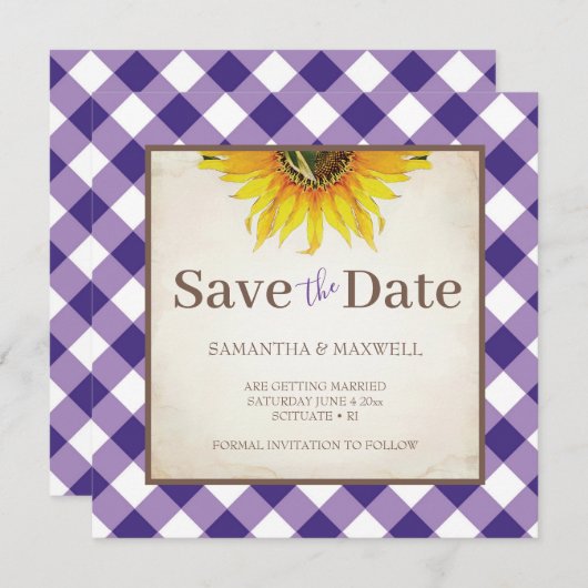 Hochzeit im Herbst mit Lila Gingham Save the Date (Vorne/Hinten)