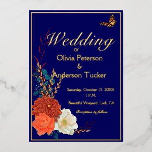 Hochzeit im Herbst Navy Blauer Monarchfussläufer Folieneinladung