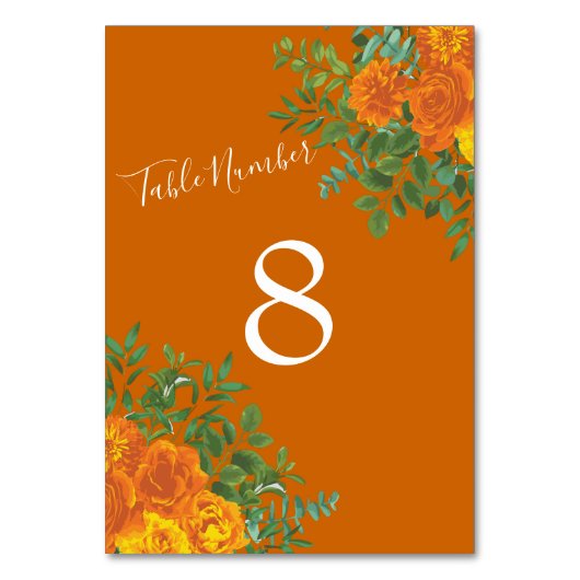 Hochzeit im Herbst Orange Rust Rose Blumen Schöne Tischnummer (Vorderseite)