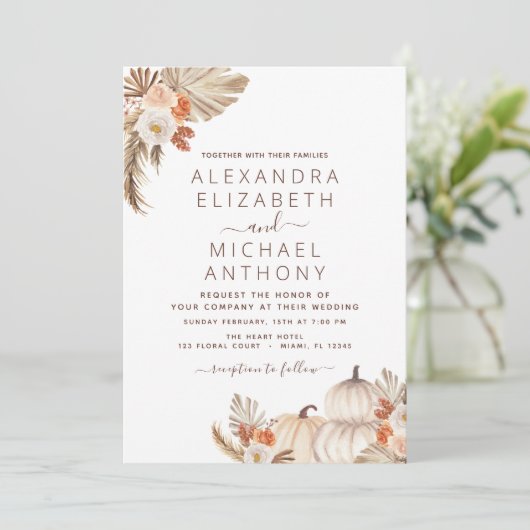 Hochzeit im Herbst Pampas Grass Pumpkin Einladung (Stehend Vorderseite)