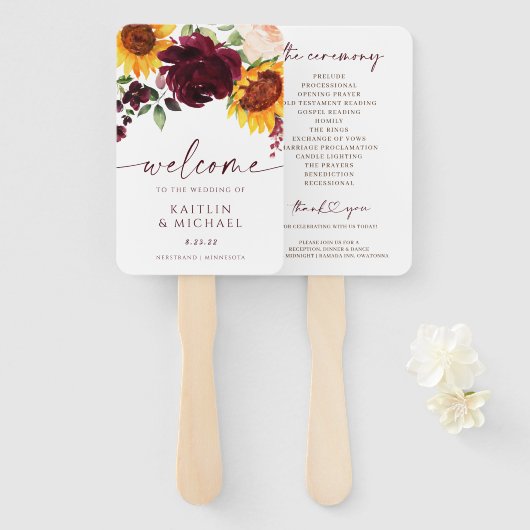 Hochzeit im Herbst Programm Sonnenblumen Burgund R Fächer (Vorne und Hinten)