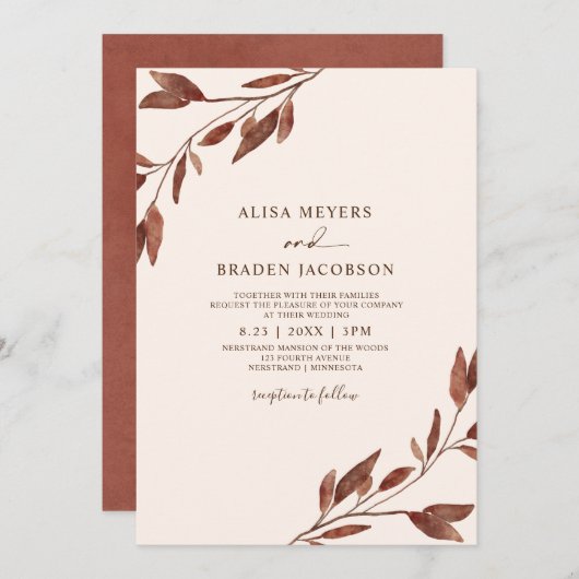 Hochzeit im Herbst Rostbraun Herbstblätter Einladung (Vorne/Hinten)