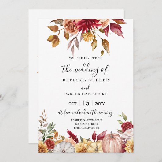 Hochzeit im Herbst rustikale Blume und Kürbis Einladung (Vorne/Hinten)