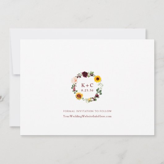 Hochzeit im Herbst Sonnenblumen Burgund Rote Flora Save The Date (Rückseite)