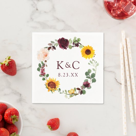 Hochzeit im Herbst Sonnenblumen Kräne Rose Burgund Serviette (Beispiel)