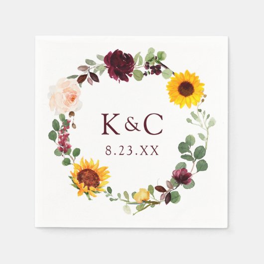 Hochzeit im Herbst Sonnenblumen Kräne Rose Burgund Serviette (Vorderseite)