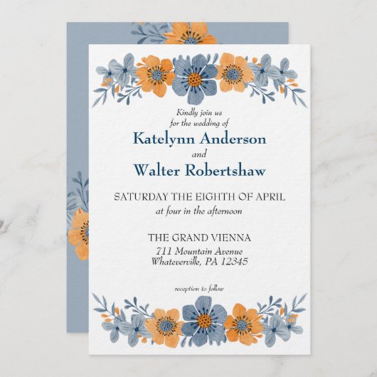 Hochzeit im Herbst von Aquarell Blau und Orange Einladung (Vorne/Hinten)