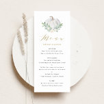 Hochzeit im Herbst Watercolor White Pumpkin and Gr Menükarte<br><div class="desc">Fügen Sie Ihrem Tablescape mit dieser benutzerdefinierbaren Menükarte einen Fallakzent hinzu. Es ist mit weißem Kürbis und Grünpflanzen in Aquarellfarbe und einem passenden Blumenmuster versehen. Personalisieren Sie diese Menükarte,  indem Sie Ihre Daten hinzufügen. Diese Kürbiskarte eignet sich hervorragend für Hochzeiten im Herbst,  Babyduschen,  Brautpartys,  Geburtstage und vieles mehr.</div>