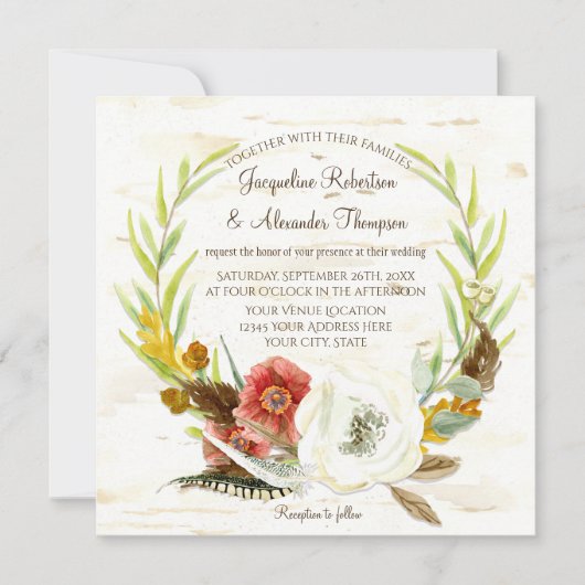 Hochzeit im Herbst Wreath Boho Feather Birch Bark Einladung (Vorderseite)