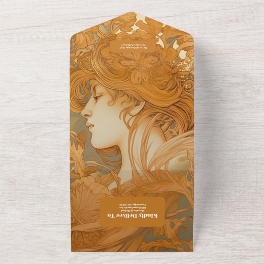 Hochzeit im Jugendstil in Gold All In One Einladung (Außenbereich)