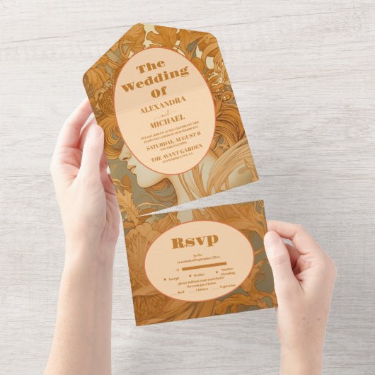 Hochzeit im Jugendstil in Gold All In One Einladung (Abreißen)