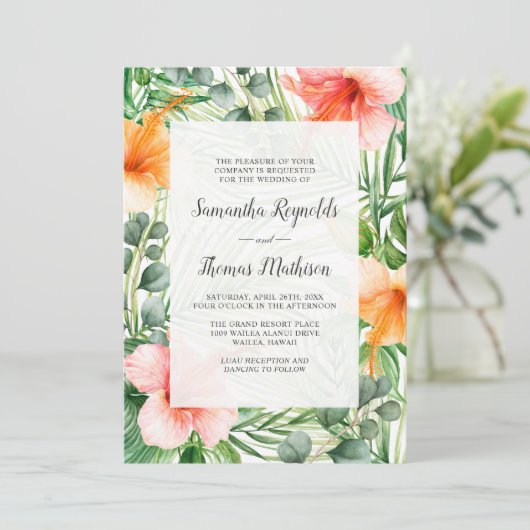 Hochzeit im Paradies Tropischer Hibiskus Einladung (Stehend Vorderseite)