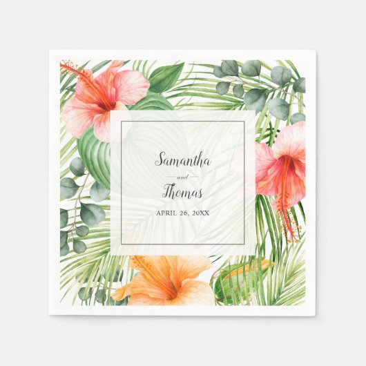 Hochzeit im Paradies Tropischer Hibiskus und Palme Serviette (Vorderseite)