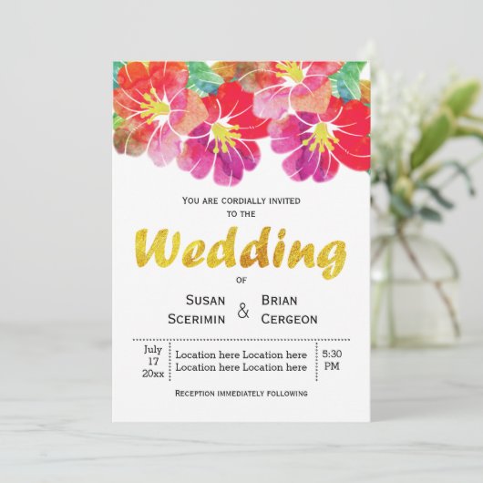 Hochzeit im Sommer mit Blumen und Goldblättern Einladung (Stehend Vorderseite)