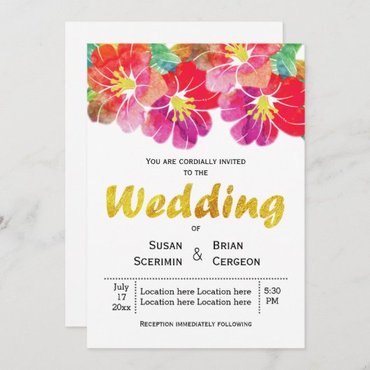 Hochzeit im Sommer mit Blumen und Goldblättern Einladung (Vorne/Hinten)