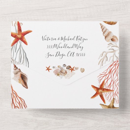 Hochzeit im tropischen Ozean und am Korallenstrand All In One Einladung (Rückseite)