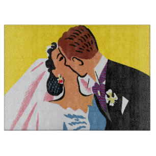 Hochzeit im Vintage-Stil, Braut und Bräutigam als  Schneidebrett