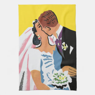 Hochzeit im Vintage-Stil, Braut und Bräutigam küss Geschirrtuch