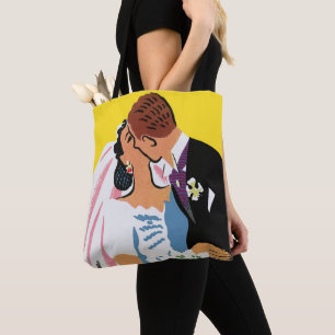 Hochzeit im Vintage-Stil, Braut und Bräutigam küss Tasche