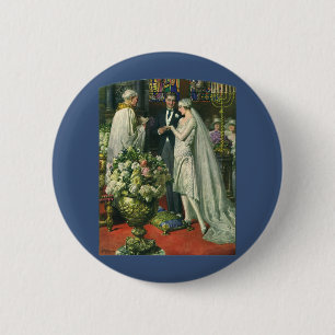 Hochzeit im Vintage-Stil, Braut und Bräutigam mit Button