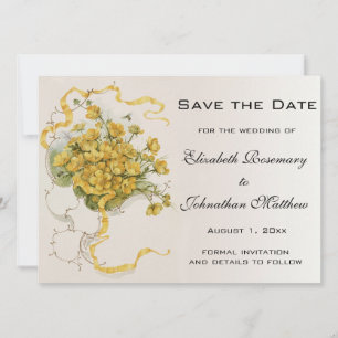 Hochzeit im Vintage-Stil, gelbe Butterblumen und B Save The Date