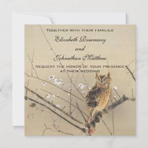 Hochzeit im Vintage-Stil, japanische Eule und Pfla Einladung