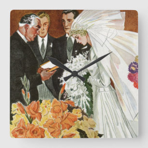 Hochzeit im Vintage-Stil mit Braut und Bräutigam Quadratische Wanduhr