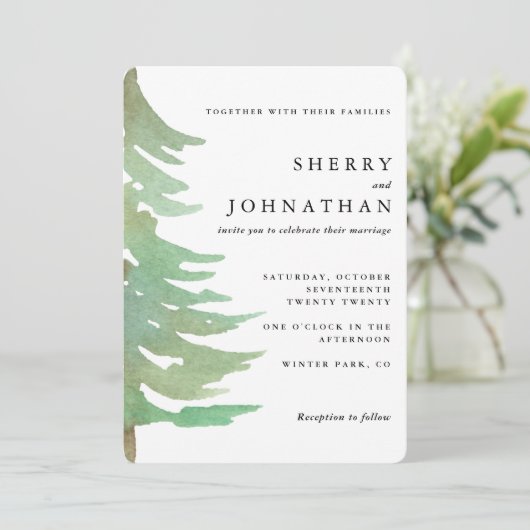 Hochzeit im Wasserfarbenwald Einladung (Stehend Vorderseite)