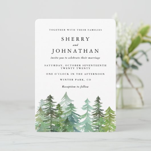Hochzeit im Wasserfarbenwald Einladung (Stehend Vorderseite)