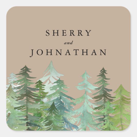 Hochzeit im Wasserfarbenwald Quadratischer Aufkleber (Vorderseite)