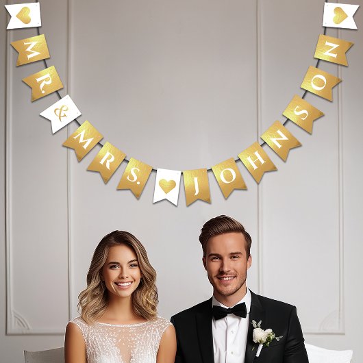 Hochzeit Imitate Gold Mr. & Mrs. Individuelle Name Wimpelkette