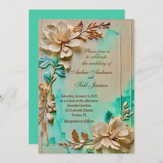 Hochzeit in aquamariner und beige Blume Einladung (Vorne/Hinten)