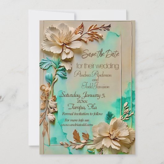 Hochzeit in aquamariner und beige Blume Save The Date (Vorderseite)