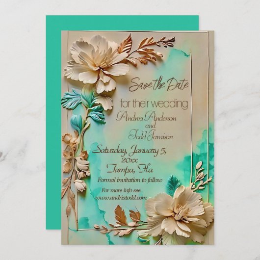 Hochzeit in aquamariner und beige Blume Save The Date (Vorne/Hinten)
