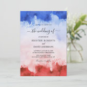 Hochzeit in Aquarellrot und Blau Einladung (Stehend Vorderseite)