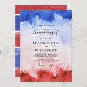 Hochzeit in Aquarellrot und Blau Einladung (Vorne/Hinten)