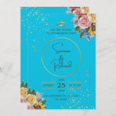 Hochzeit in Blau und Flora Einladung (Vorne/Hinten)