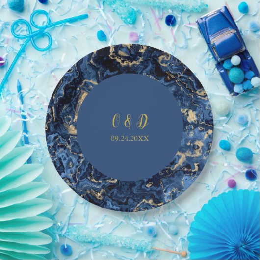 Hochzeit in Blau und Gold Pappteller (Party)