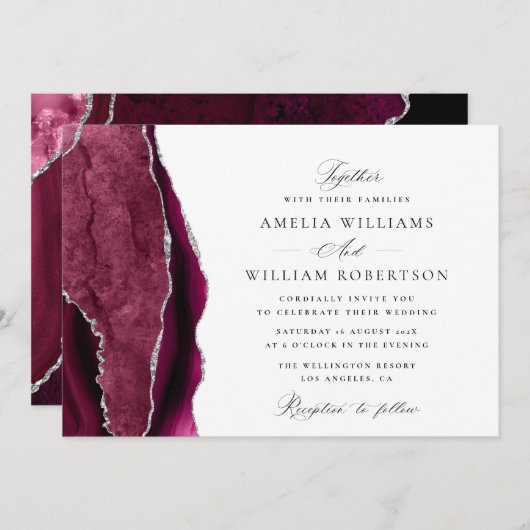 Hochzeit in Bordeaux und Silberkalligraphie Einladung (Vorne/Hinten)