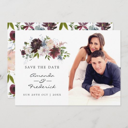 Hochzeit in Burgund, Navy und Blush Pink Save The Date (Vorne/Hinten)