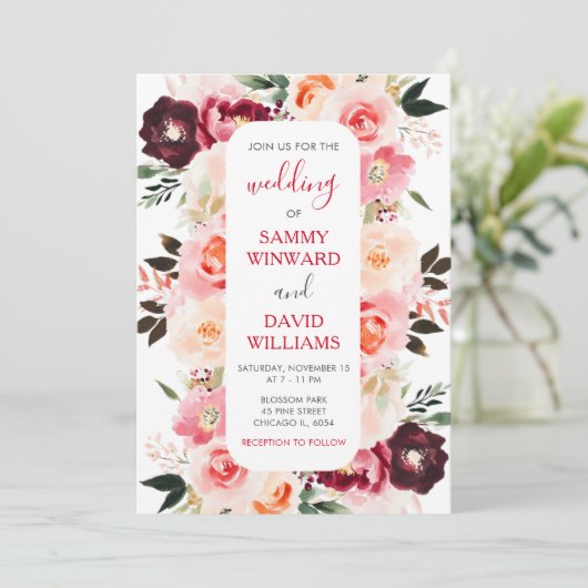 Hochzeit in Burgund Rot und Rosa Einladung (Stehend Vorderseite)