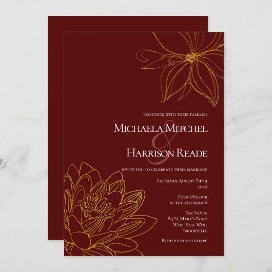 Hochzeit in Burgund und Gold Einladung (Vorne/Hinten)