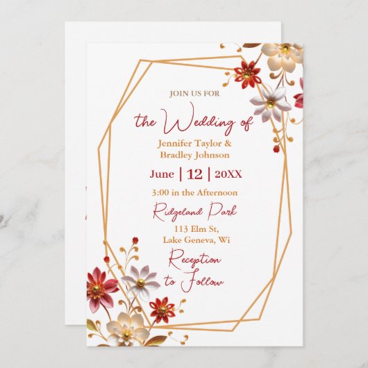 Hochzeit in Burgund und Gold Einladung (Vorne/Hinten)